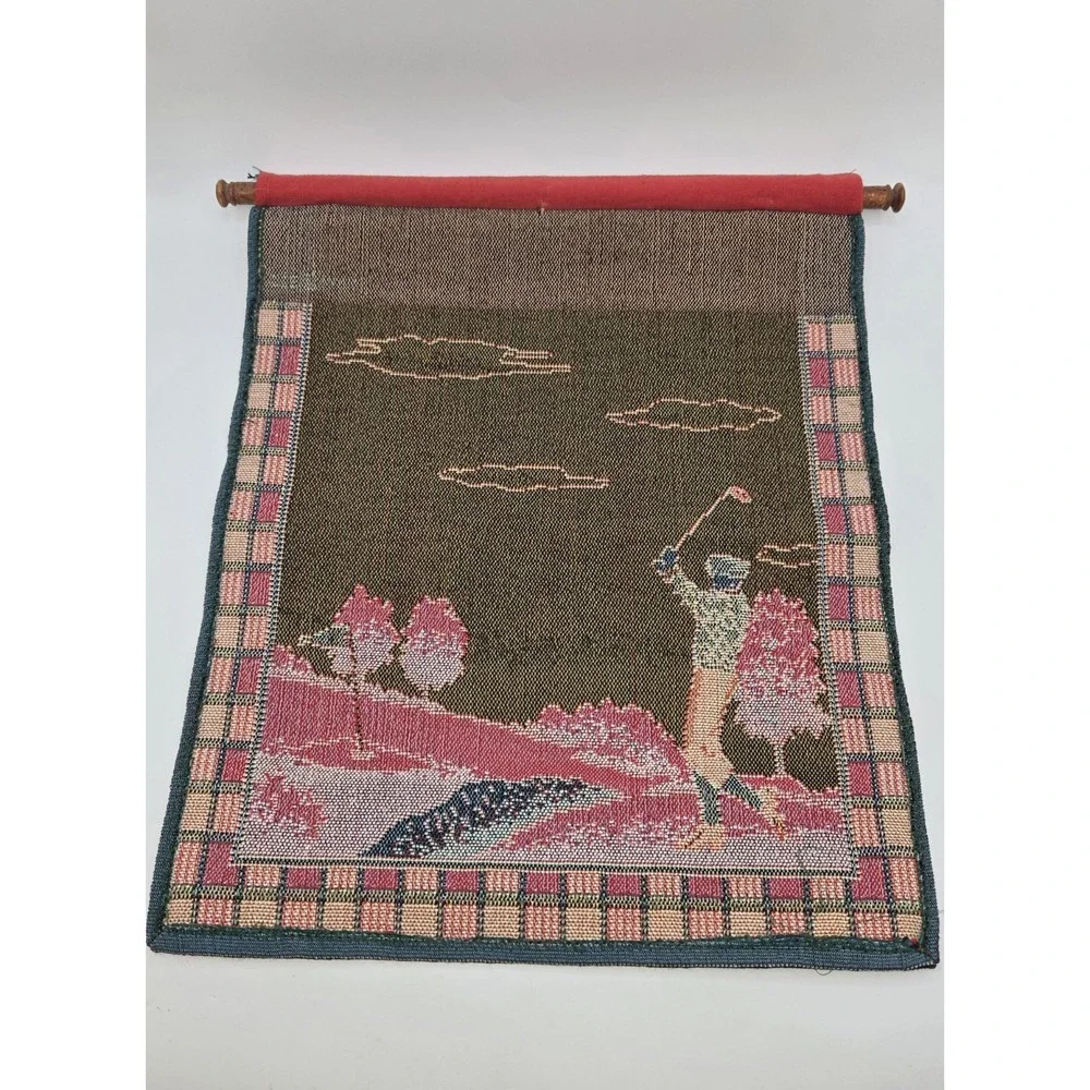 19th Hole Golf Tapestry Wall Hanging W.W. 2001 Plaid Golfer Wood Rod Decor